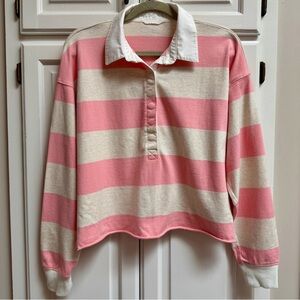 Aerie Rugby Striped Collared Top Cropped Pink & Heathered Oatmeal Size Small